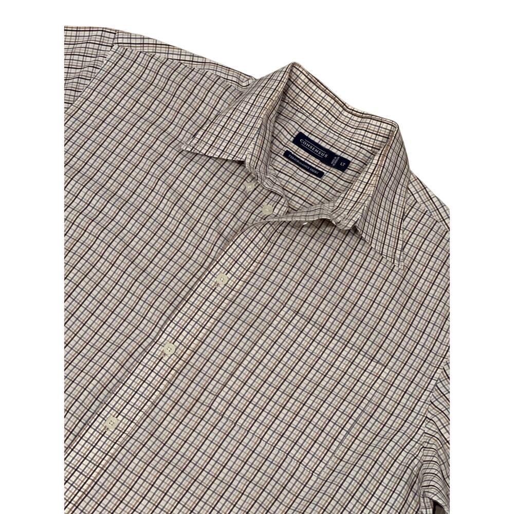 Consensus, Cream, plaid short sleeve , Dress Shirt, Size LT,‎ 1102Z